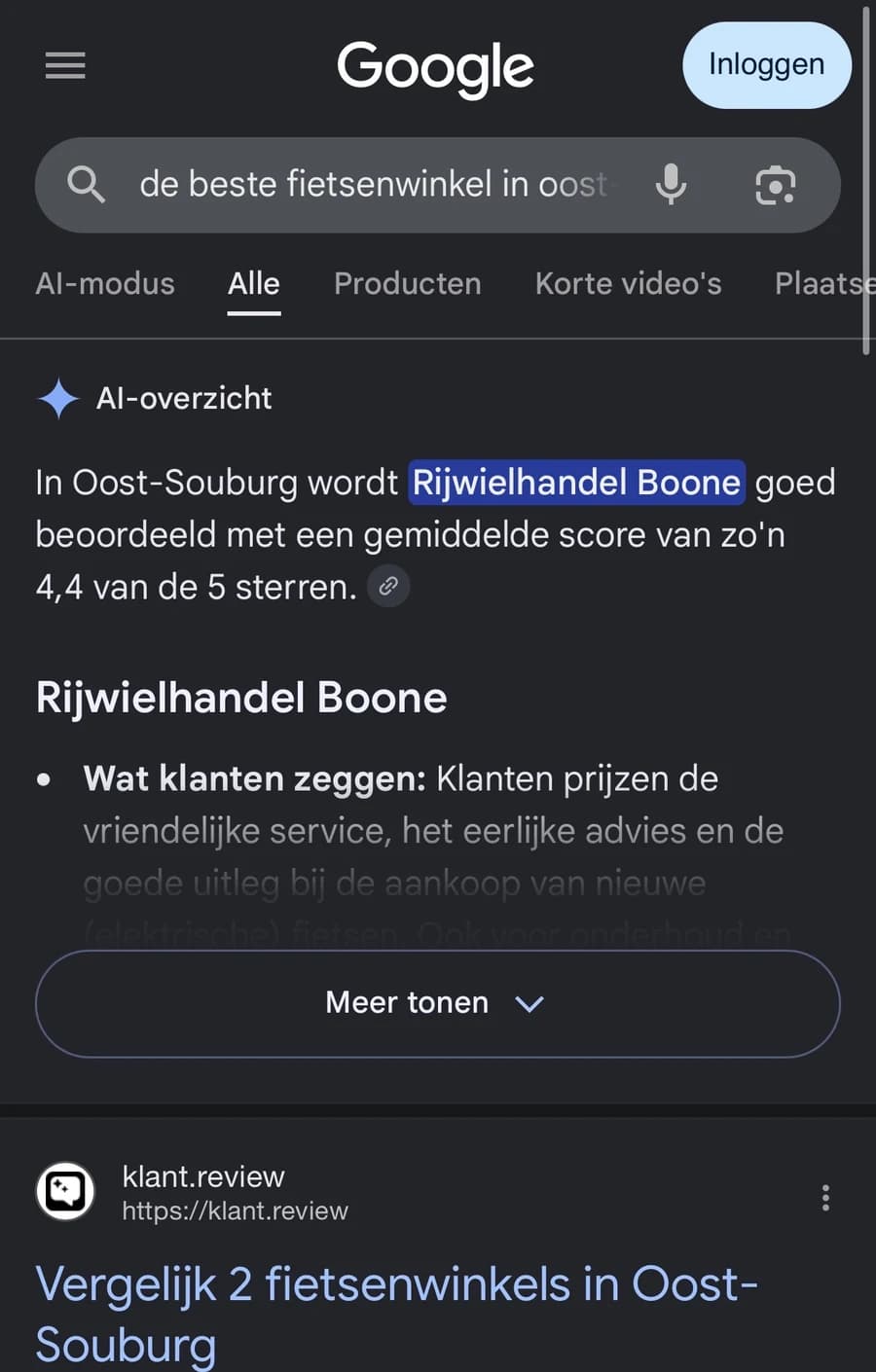 Schermafbeelding van een Google-zoekopdracht naar de beste fietsenwinkel in Oost-Souburg. Het AI-overzicht bovenaan zegt dat Rijwielhandel Boone goed beoordeeld wordt met een gemiddelde score van zo'n 4,4 van de 5 sterren. Het eerste zoekresultaat eronder is klant.review.